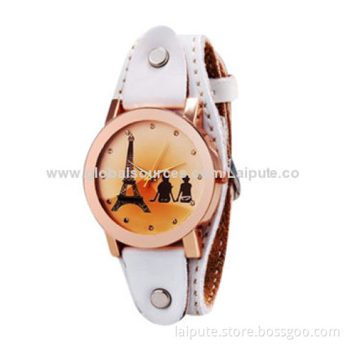 Women's Eiffel Tower Print Round Analog Watch with Stainless Steel Case and Genuine Leather Strap